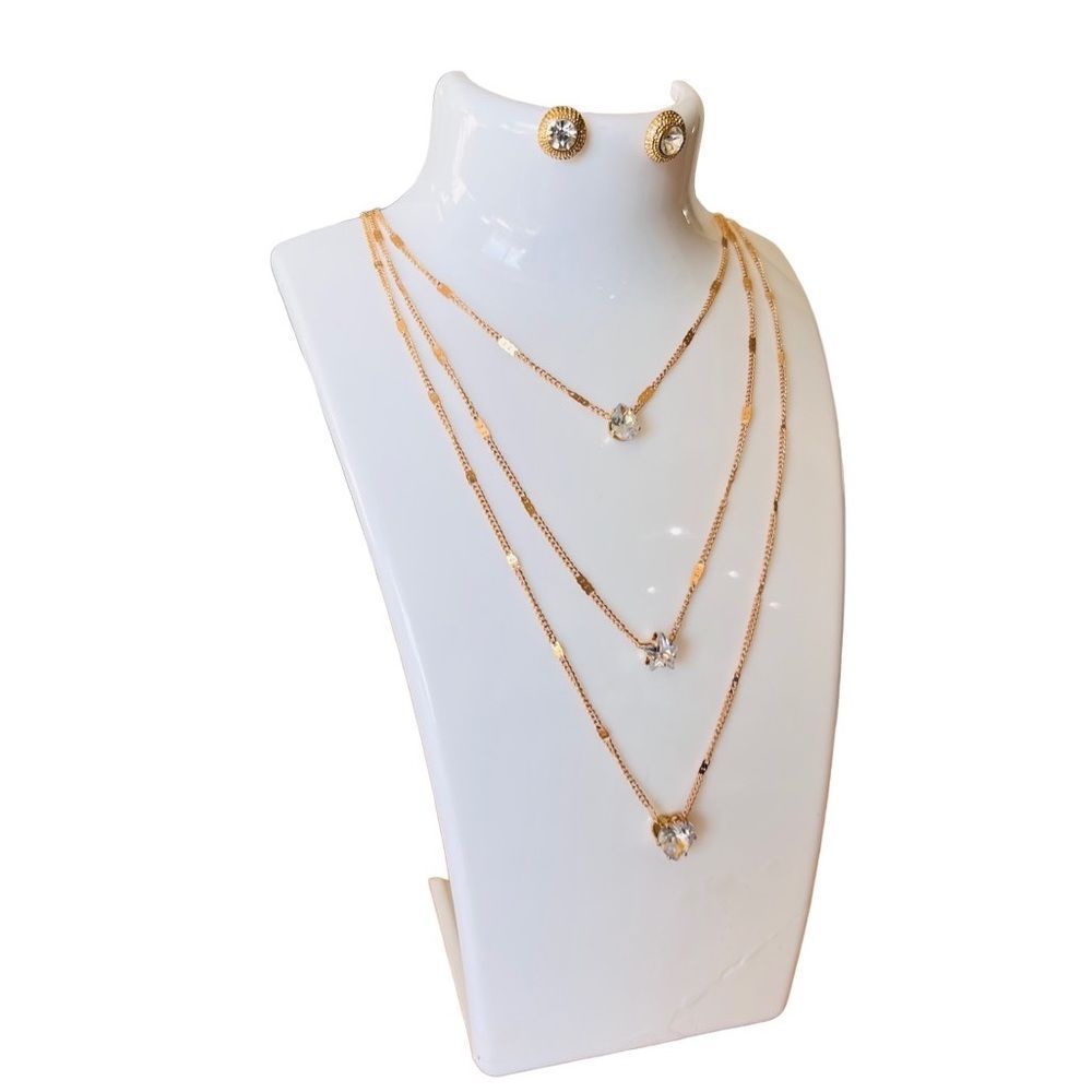 Jewelry set necklace stud earrings layered rhinestones gold tone